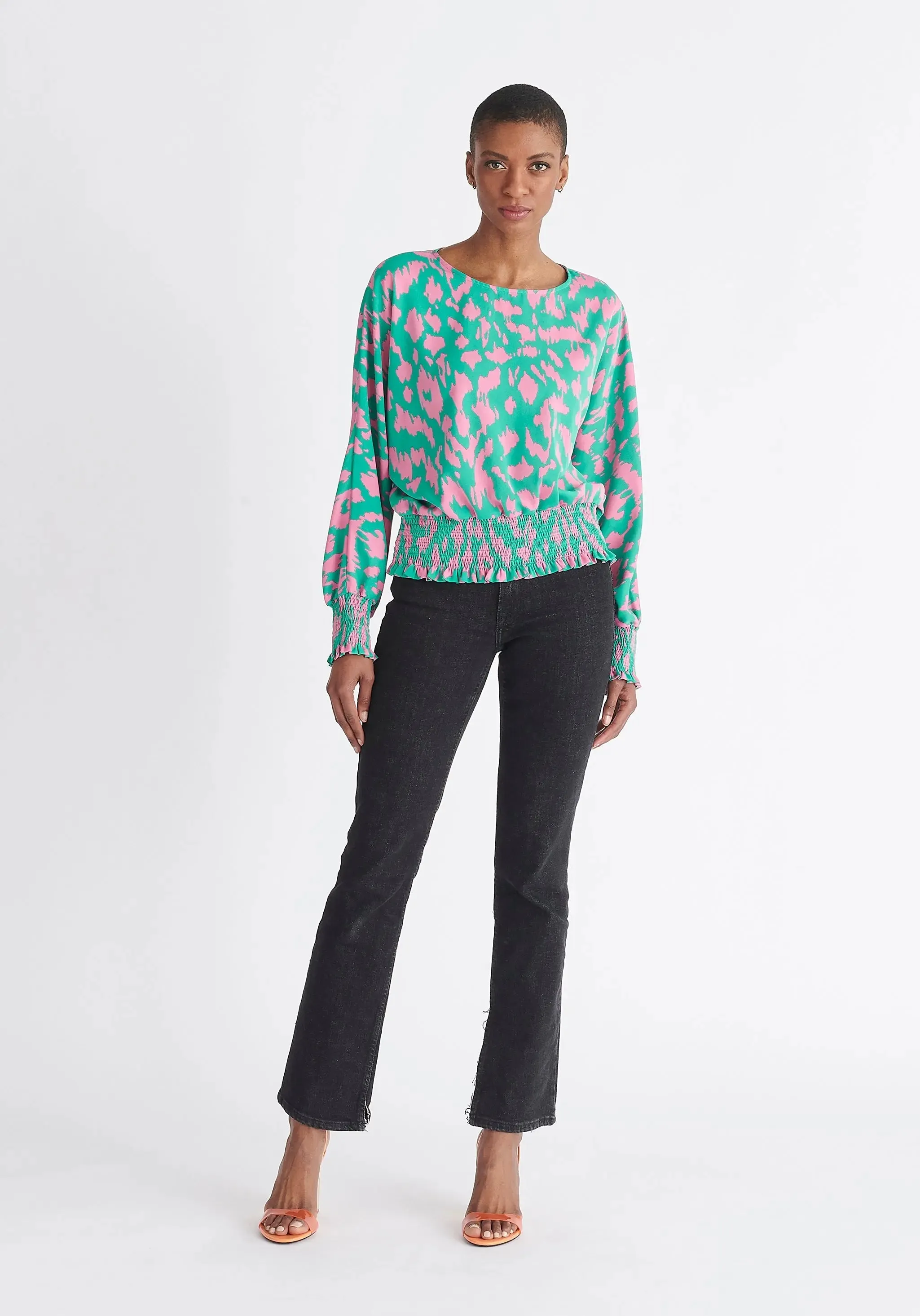 Green and Pink Animal Print Balloon Sleeve Blouse