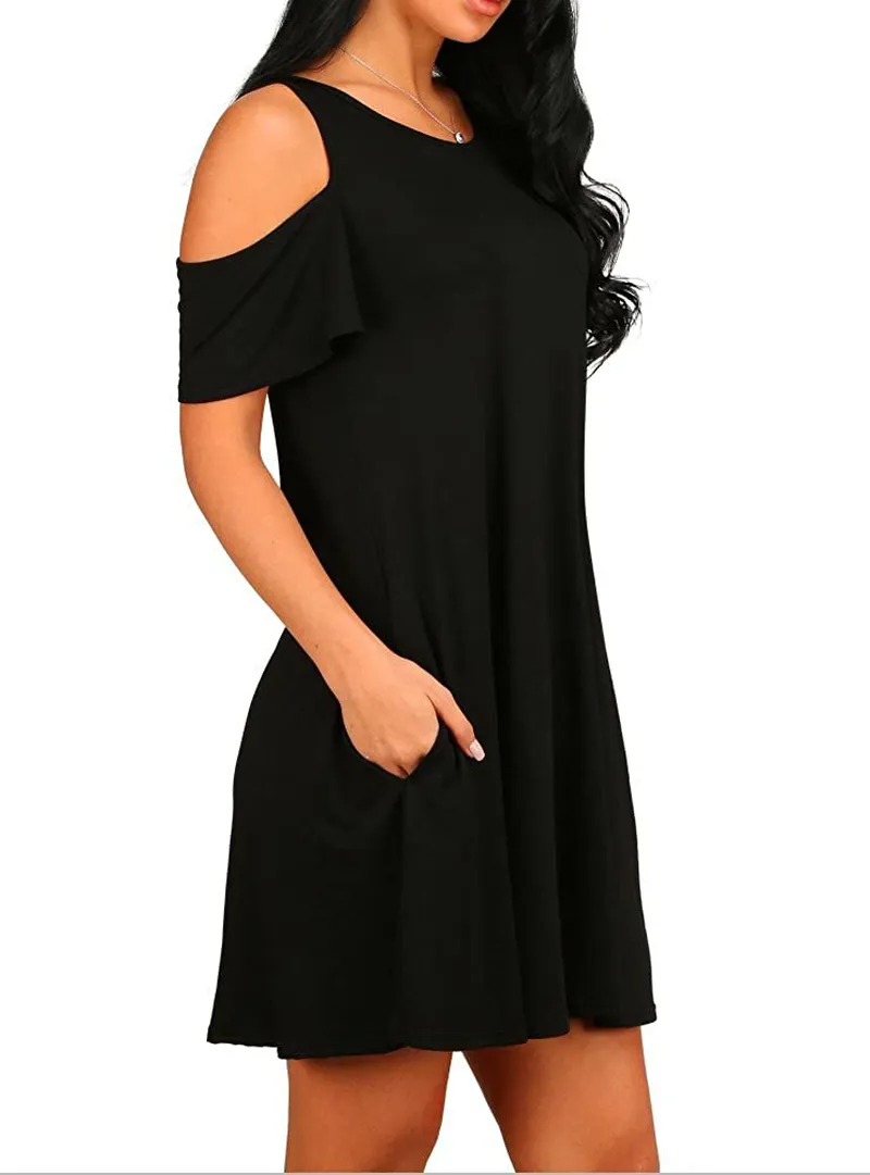 HAOMEILI Short Sleeve Women's Cold Shoulder with Pockets Casual Swing T-Shirt Dresses