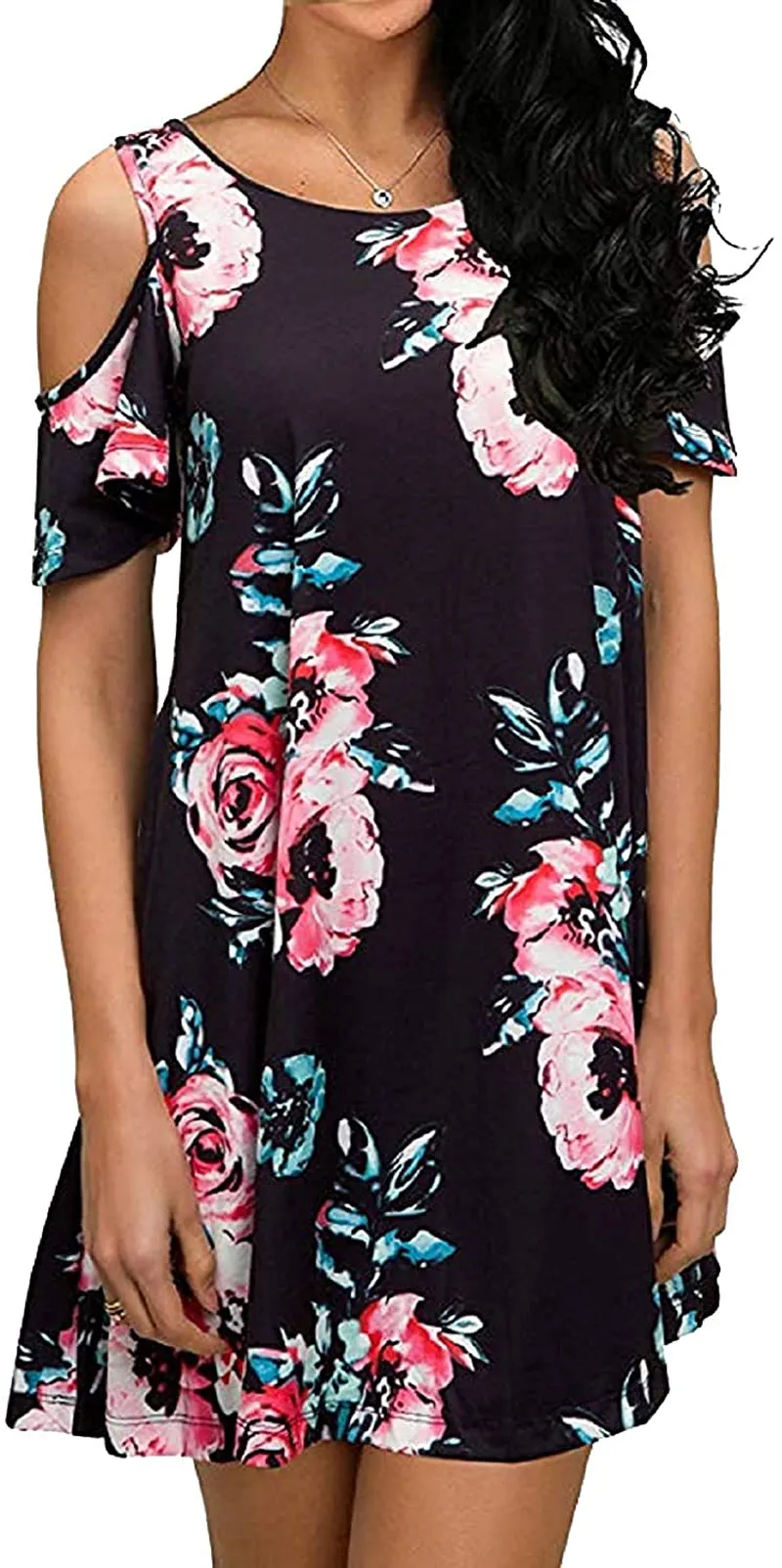 HAOMEILI Short Sleeve Women's Cold Shoulder with Pockets Casual Swing T-Shirt Dresses