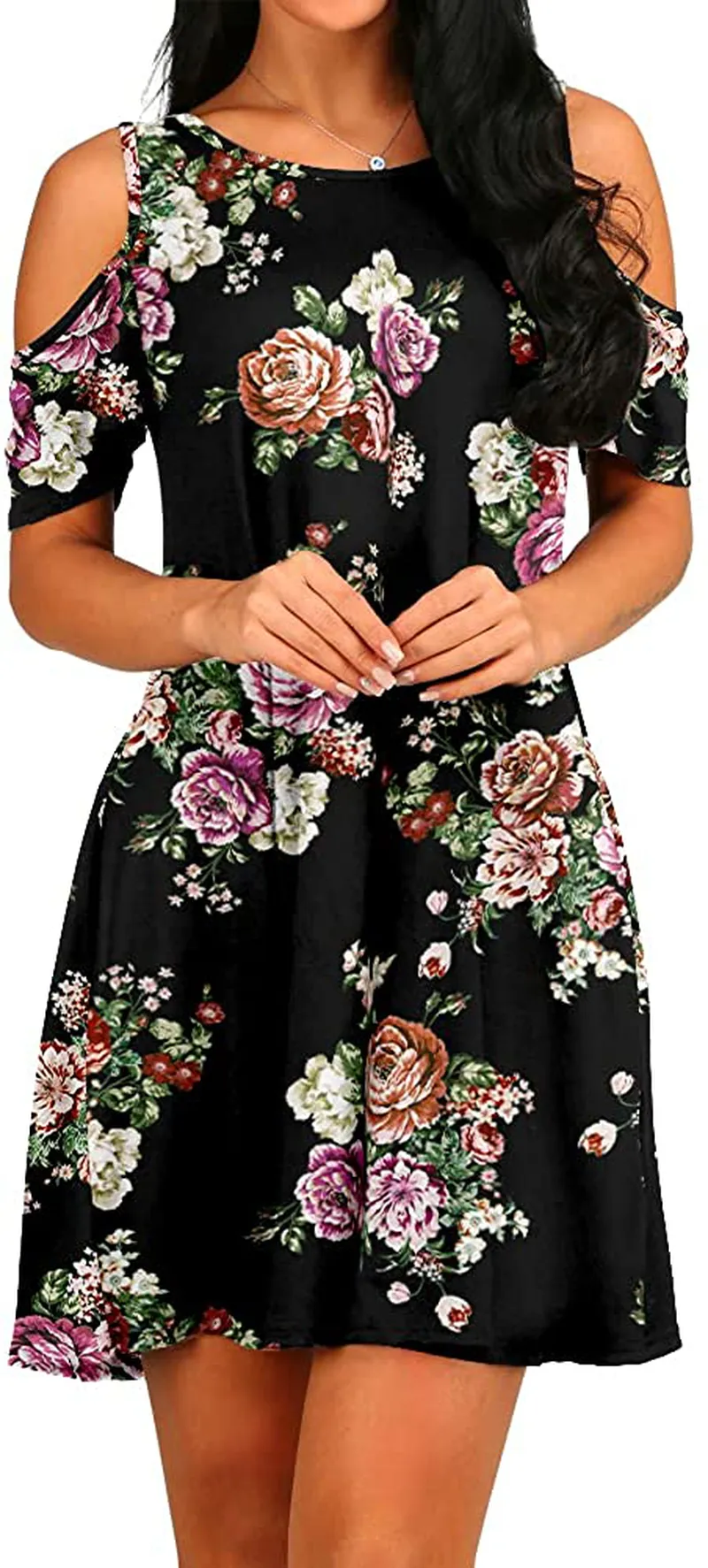 HAOMEILI Short Sleeve Women's Cold Shoulder with Pockets Casual Swing T-Shirt Dresses