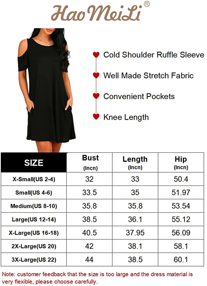 HAOMEILI Short Sleeve Women's Cold Shoulder with Pockets Casual Swing T-Shirt Dresses
