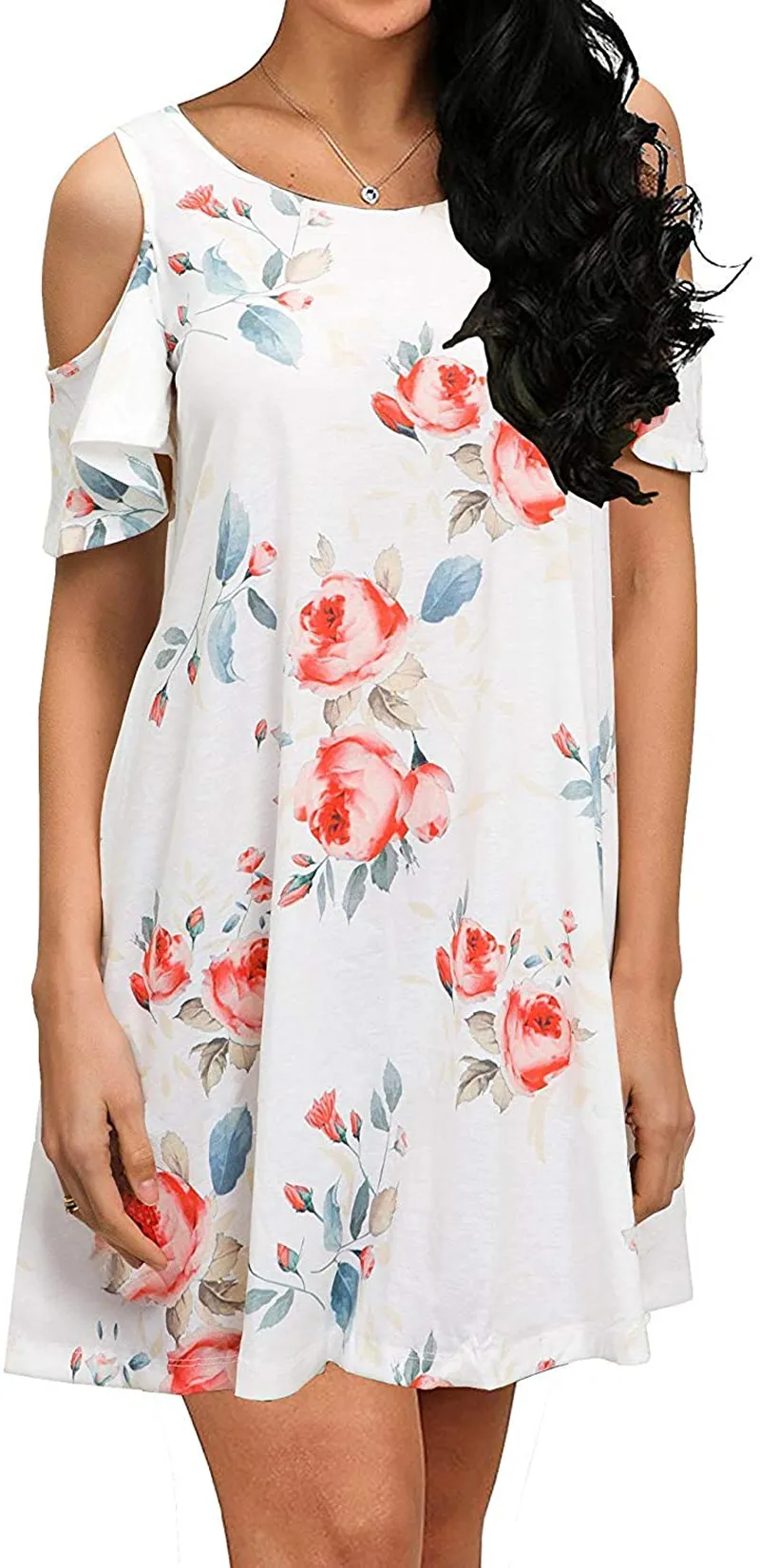 HAOMEILI Short Sleeve Women's Cold Shoulder with Pockets Casual Swing T-Shirt Dresses