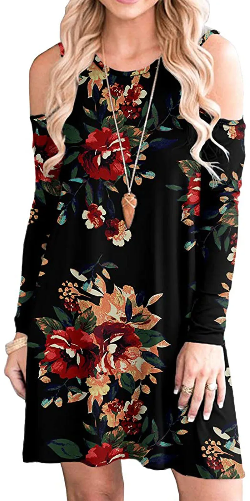 HAOMEILI Short Sleeve Women's Cold Shoulder with Pockets Casual Swing T-Shirt Dresses