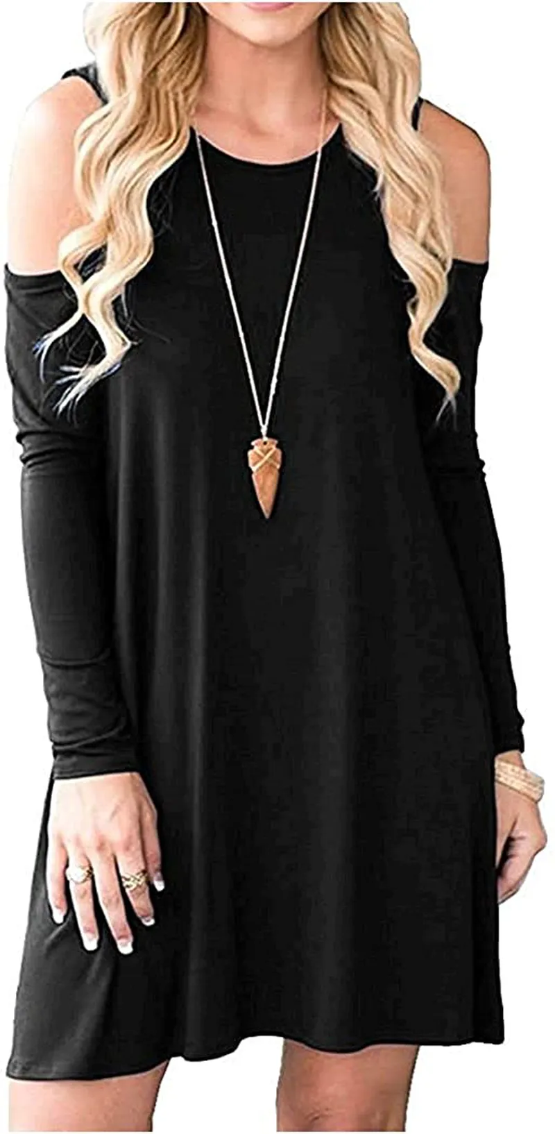 HAOMEILI Short Sleeve Women's Cold Shoulder with Pockets Casual Swing T-Shirt Dresses