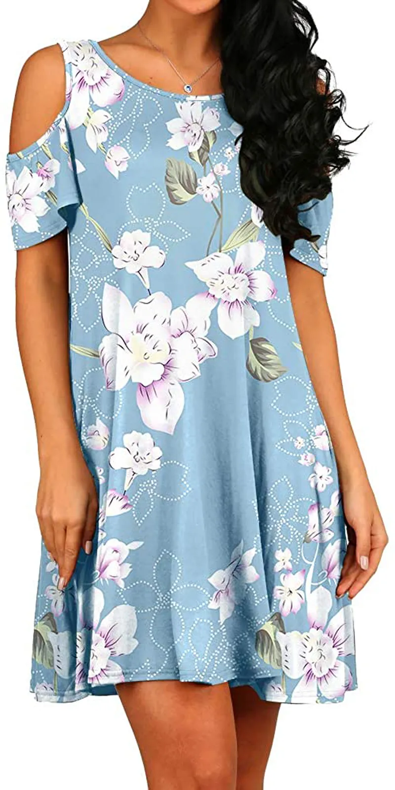 HAOMEILI Short Sleeve Women's Cold Shoulder with Pockets Casual Swing T-Shirt Dresses
