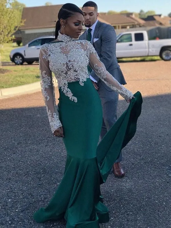 High Neck Long Sleeves Mermaid Satin Prom Dresses with Appliques
