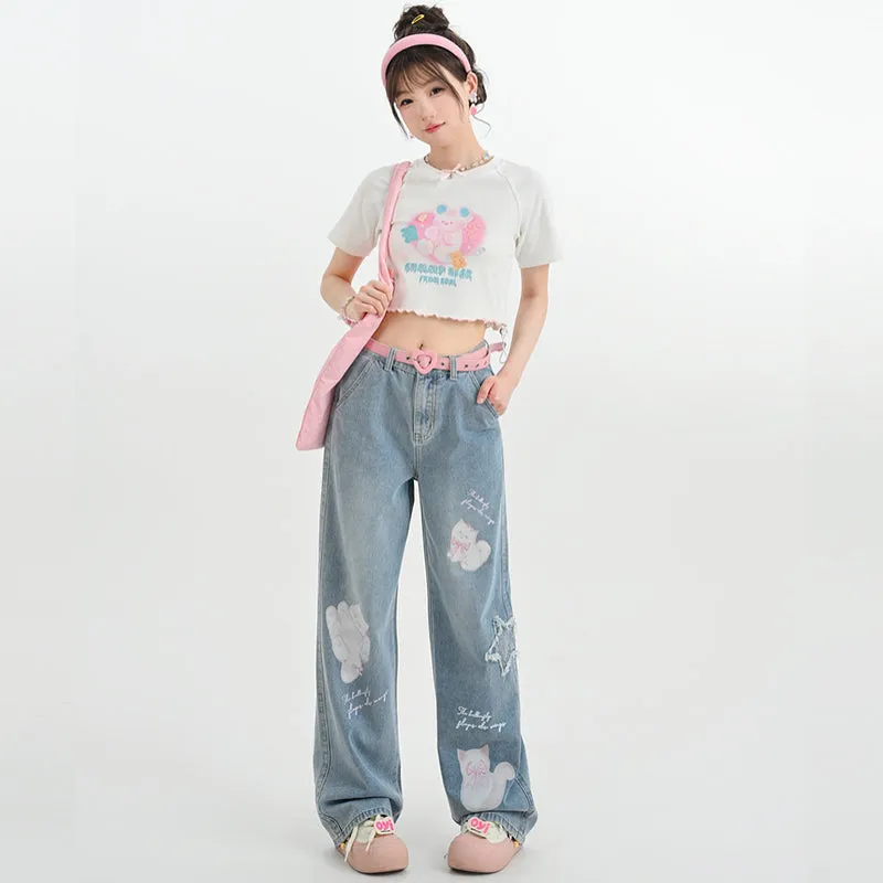 Kawaii Cute Cartoon Kitten Print Straight Jeans