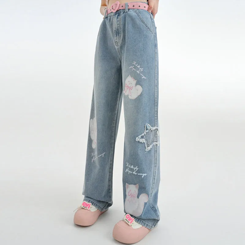Kawaii Cute Cartoon Kitten Print Straight Jeans
