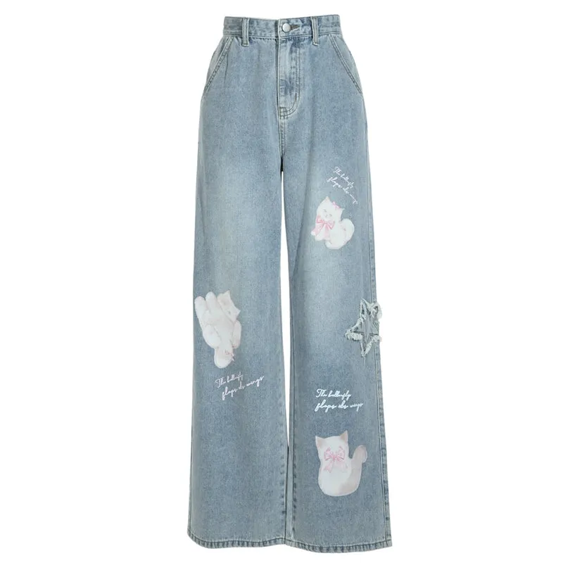 Kawaii Cute Cartoon Kitten Print Straight Jeans