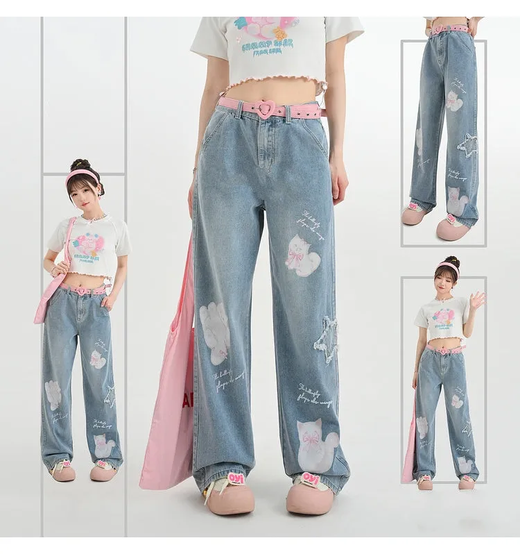 Kawaii Cute Cartoon Kitten Print Straight Jeans