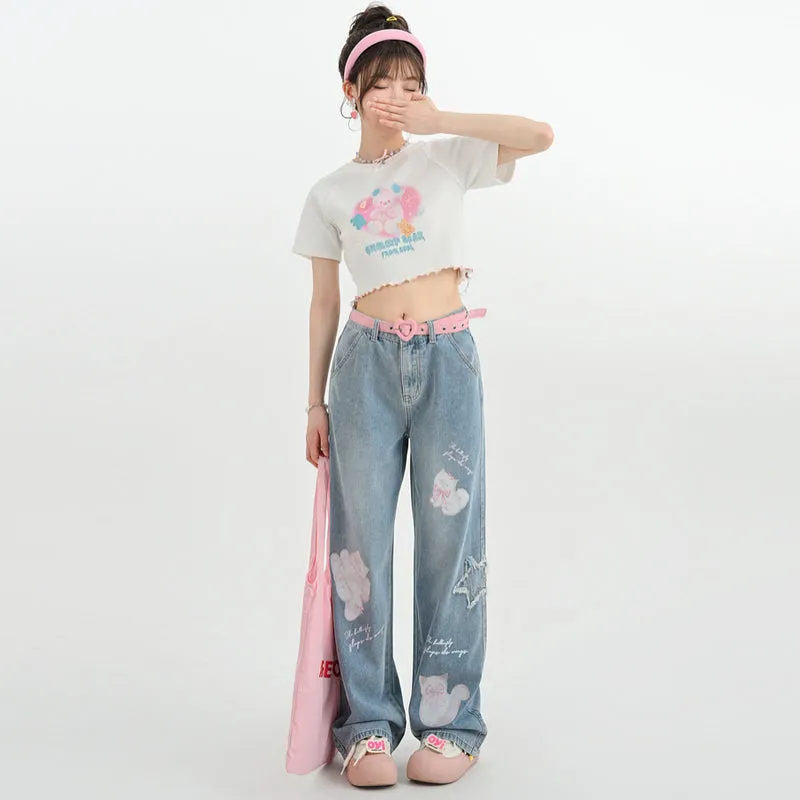 Kawaii Cute Cartoon Kitten Print Straight Jeans