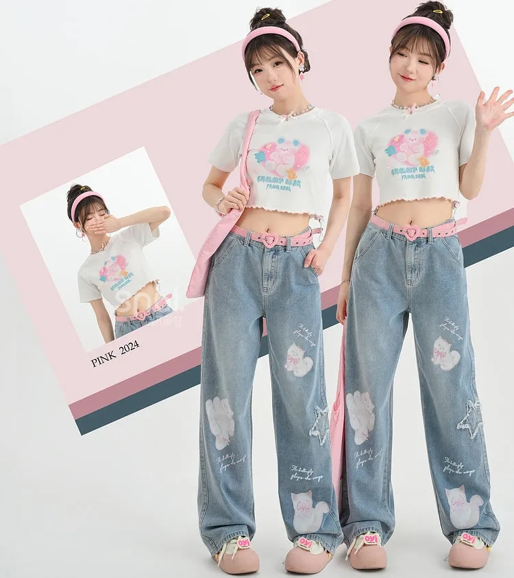 Kawaii Cute Cartoon Kitten Print Straight Jeans