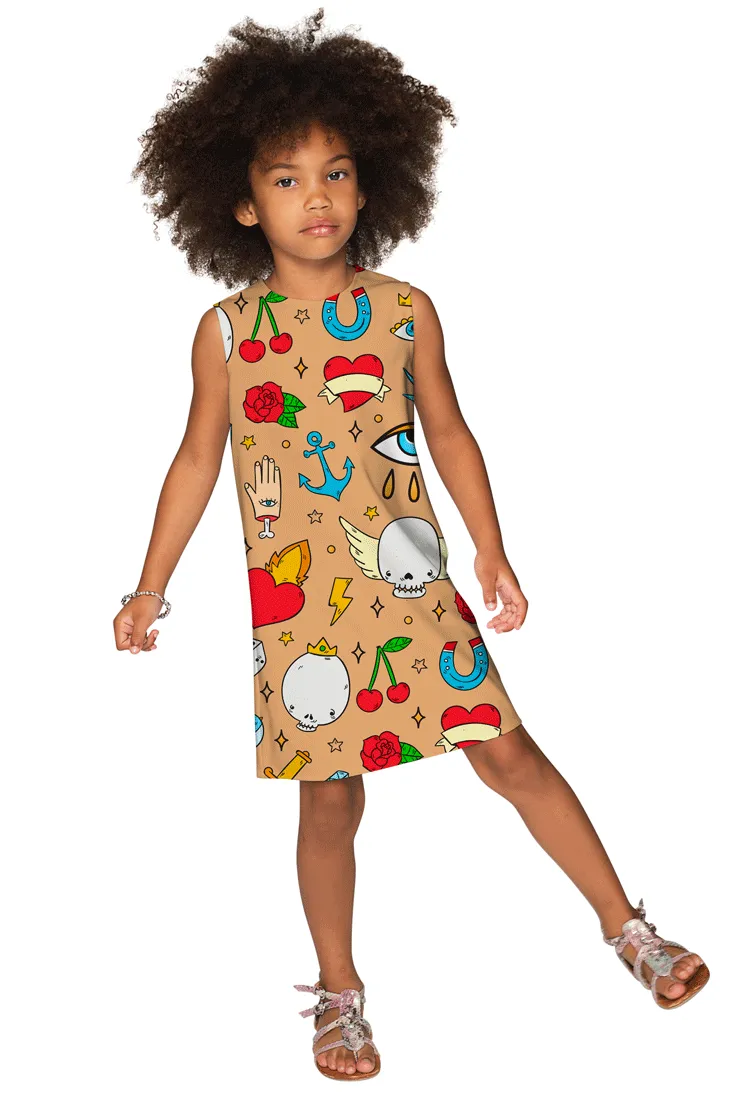 Pretty in Ink Adele Beige Tattoo Print Chic Shift Dresses - Mommy & Me
