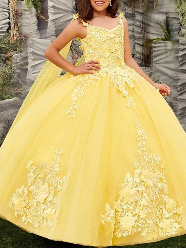 Princess Floor Length Flower Girl Dress Quinceanera Girls Cute Prom Dress Satin with Appliques Sparkle & Shine Elegant Fit 3-16 Years