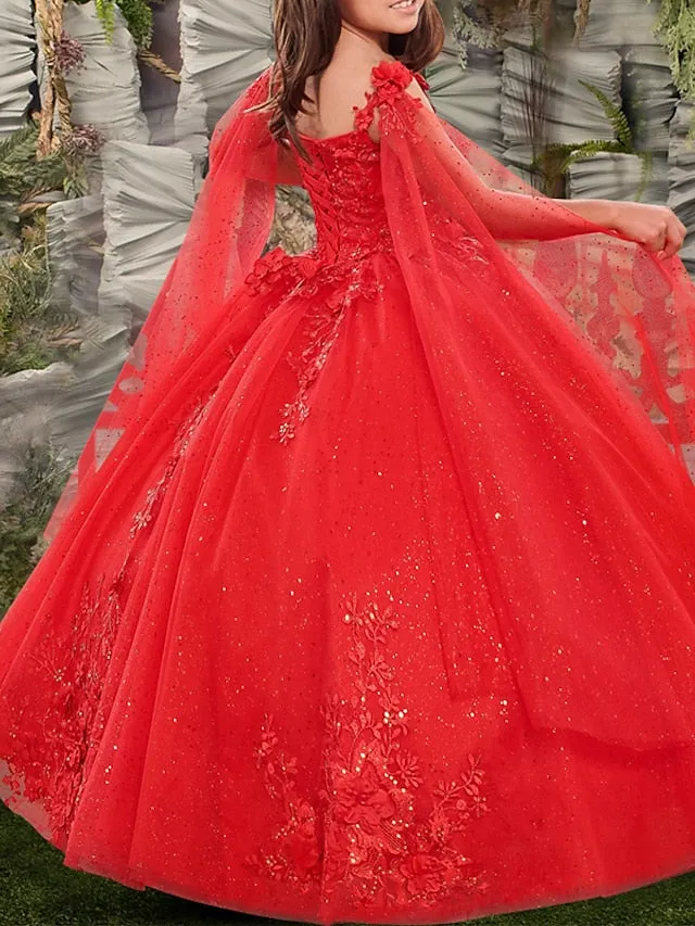 Princess Floor Length Flower Girl Dress Quinceanera Girls Cute Prom Dress Satin with Appliques Sparkle & Shine Elegant Fit 3-16 Years