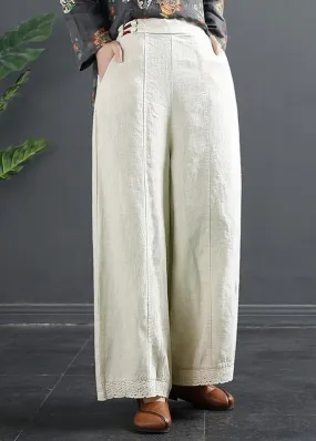 Retro Semi Elastic Waist Wide Leg Pants Women's New Spring Casual Hemp Color Pants