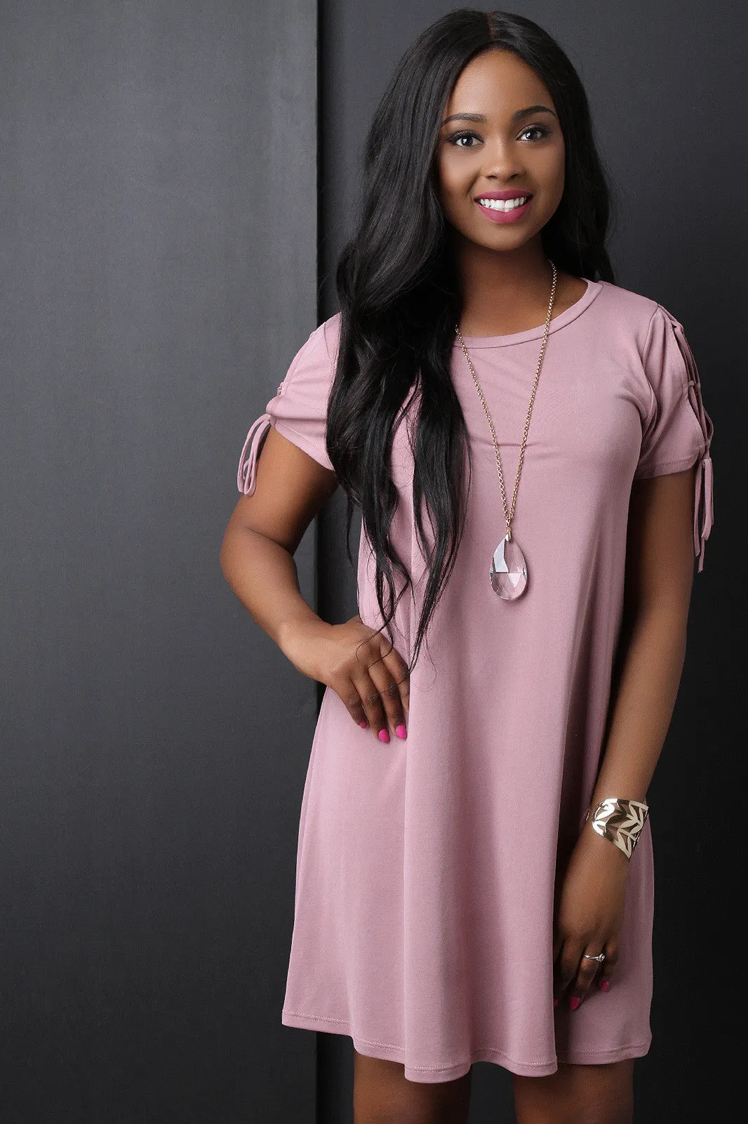 Round Neck Lace Up Sleeve Shift Dress