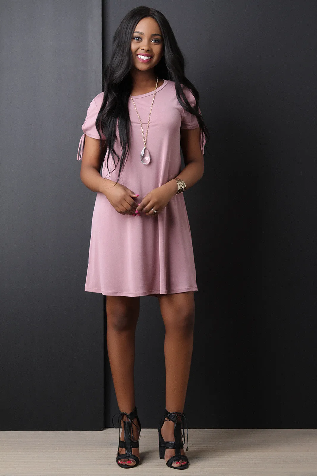 Round Neck Lace Up Sleeve Shift Dress