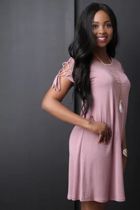 Round Neck Lace Up Sleeve Shift Dress
