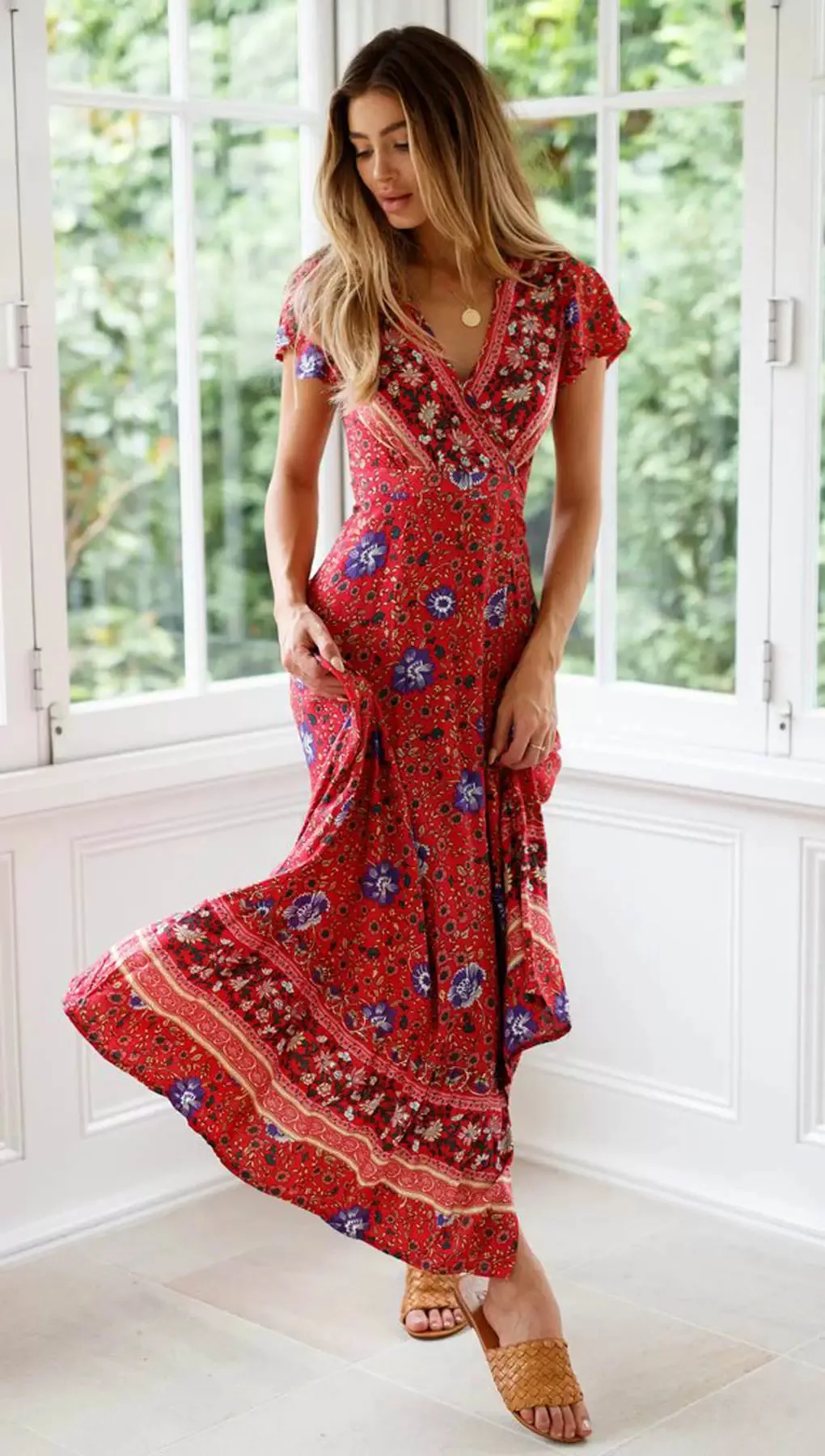 Short Sleeve Dress New Summer New Vacation V Neck Cardigan Strap Dress Print Beach Dress Long Skirt