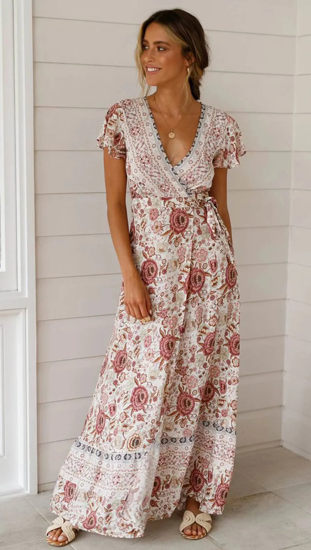 Short Sleeve Dress New Summer New Vacation V Neck Cardigan Strap Dress Print Beach Dress Long Skirt