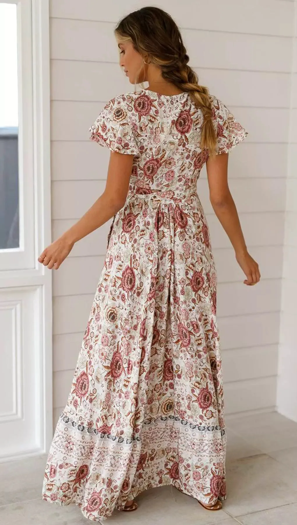Short Sleeve Dress New Summer New Vacation V Neck Cardigan Strap Dress Print Beach Dress Long Skirt