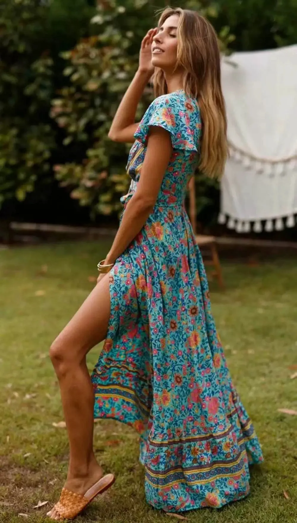 Short Sleeve Dress New Summer New Vacation V Neck Cardigan Strap Dress Print Beach Dress Long Skirt