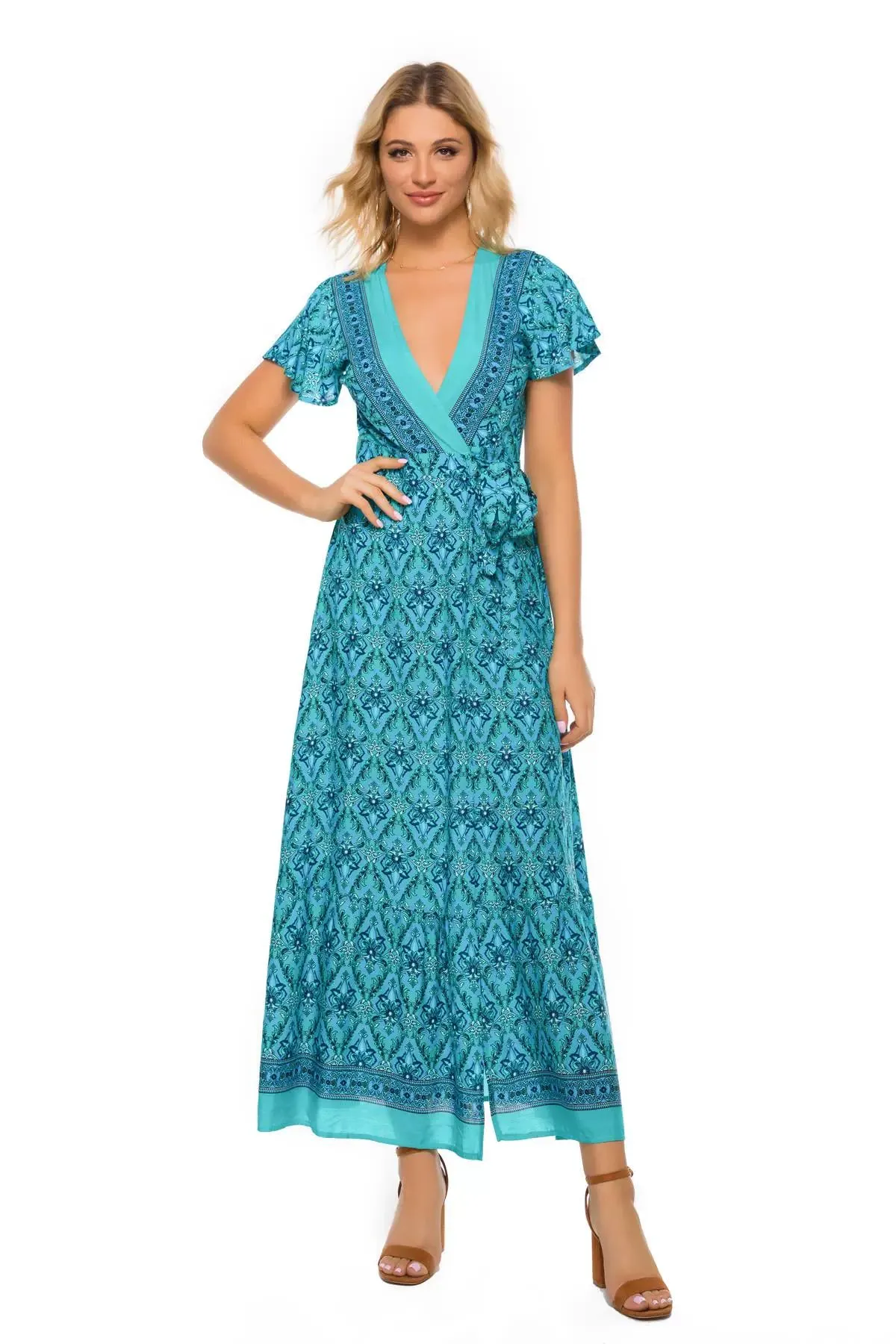 Short Sleeve Dress New Summer New Vacation V Neck Cardigan Strap Dress Print Beach Dress Long Skirt