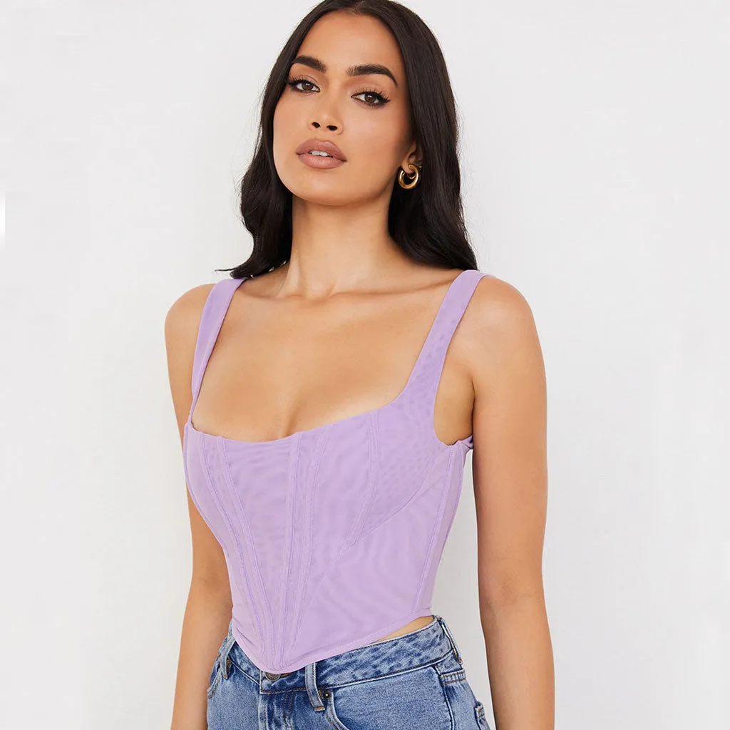 Suspender Strap Square Neck Modern Crop Corset Top - Coffee