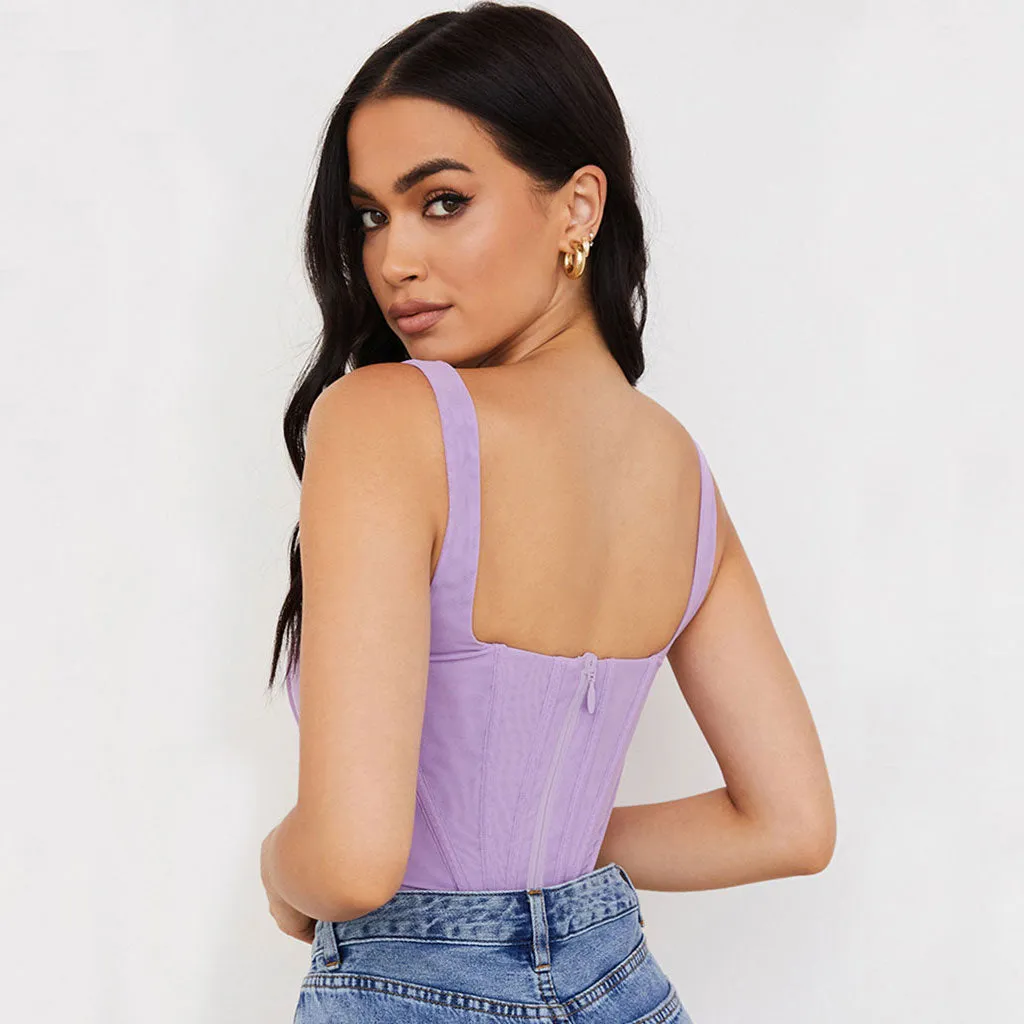 Suspender Strap Square Neck Modern Crop Corset Top - Coffee