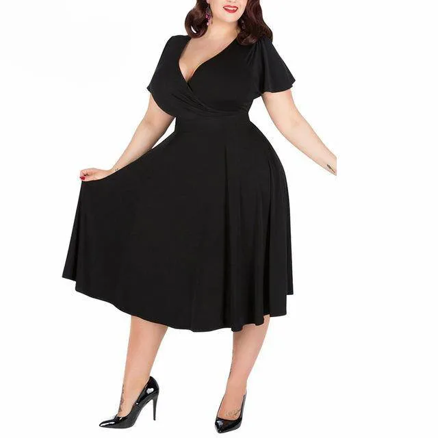 Vintage Women's Short Sleeve A-line Stretchy Midi Dress With Floral Print