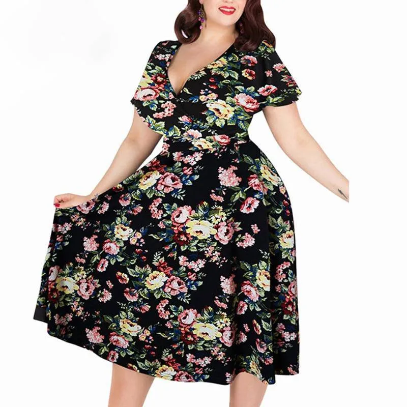 Vintage Women's Short Sleeve A-line Stretchy Midi Dress With Floral Print
