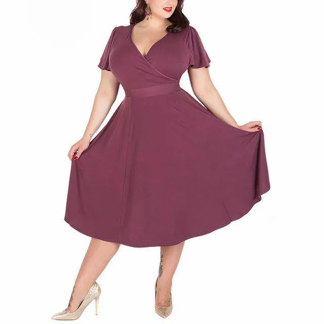 Vintage Women's Short Sleeve A-line Stretchy Midi Dress With Floral Print