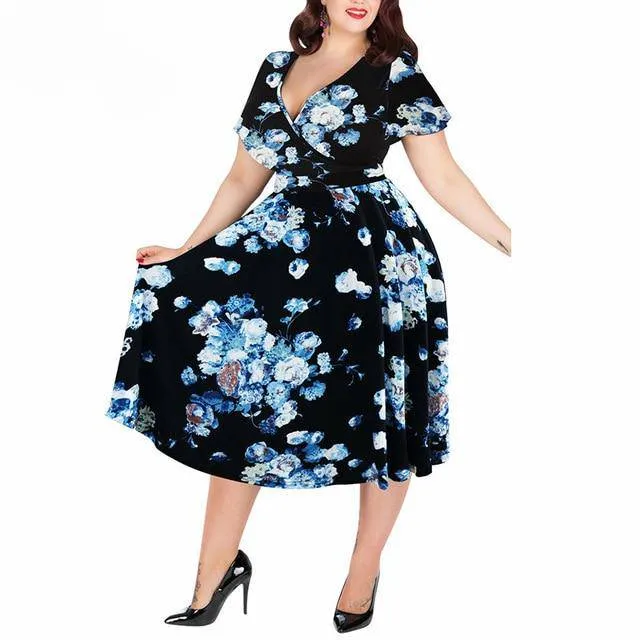 Vintage Women's Short Sleeve A-line Stretchy Midi Dress With Floral Print