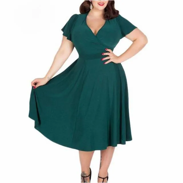 Vintage Women's Short Sleeve A-line Stretchy Midi Dress With Floral Print
