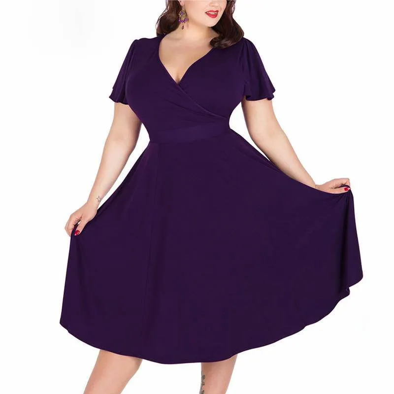 Vintage Women's Short Sleeve A-line Stretchy Midi Dress With Floral Print