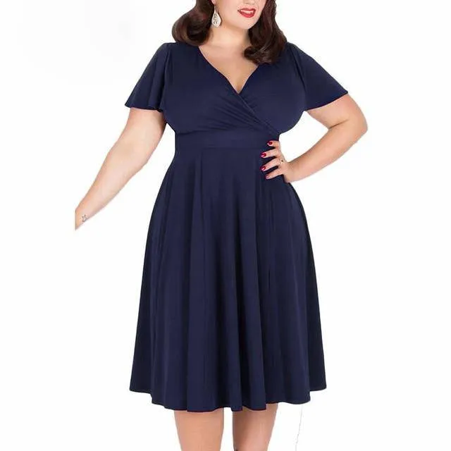 Vintage Women's Short Sleeve A-line Stretchy Midi Dress With Floral Print