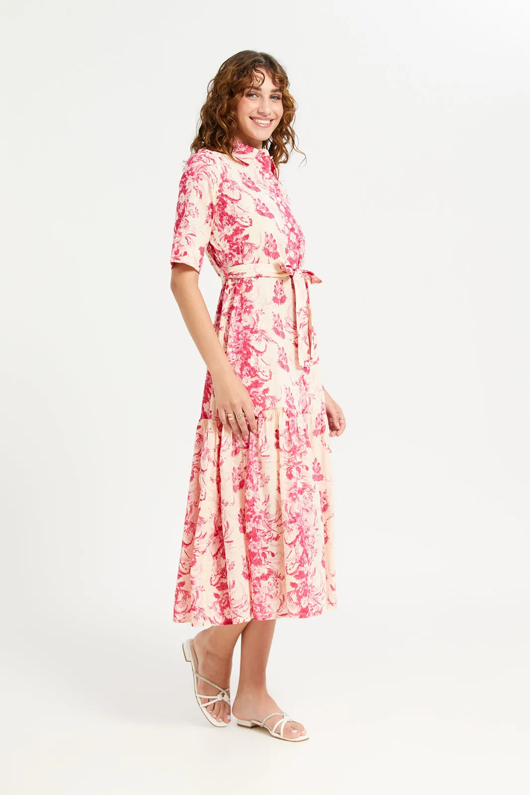Women Beige And Pink Printed Shirt Dress
