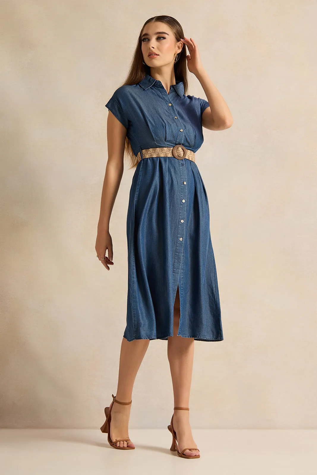 Women Blue Denim Dress With Belt