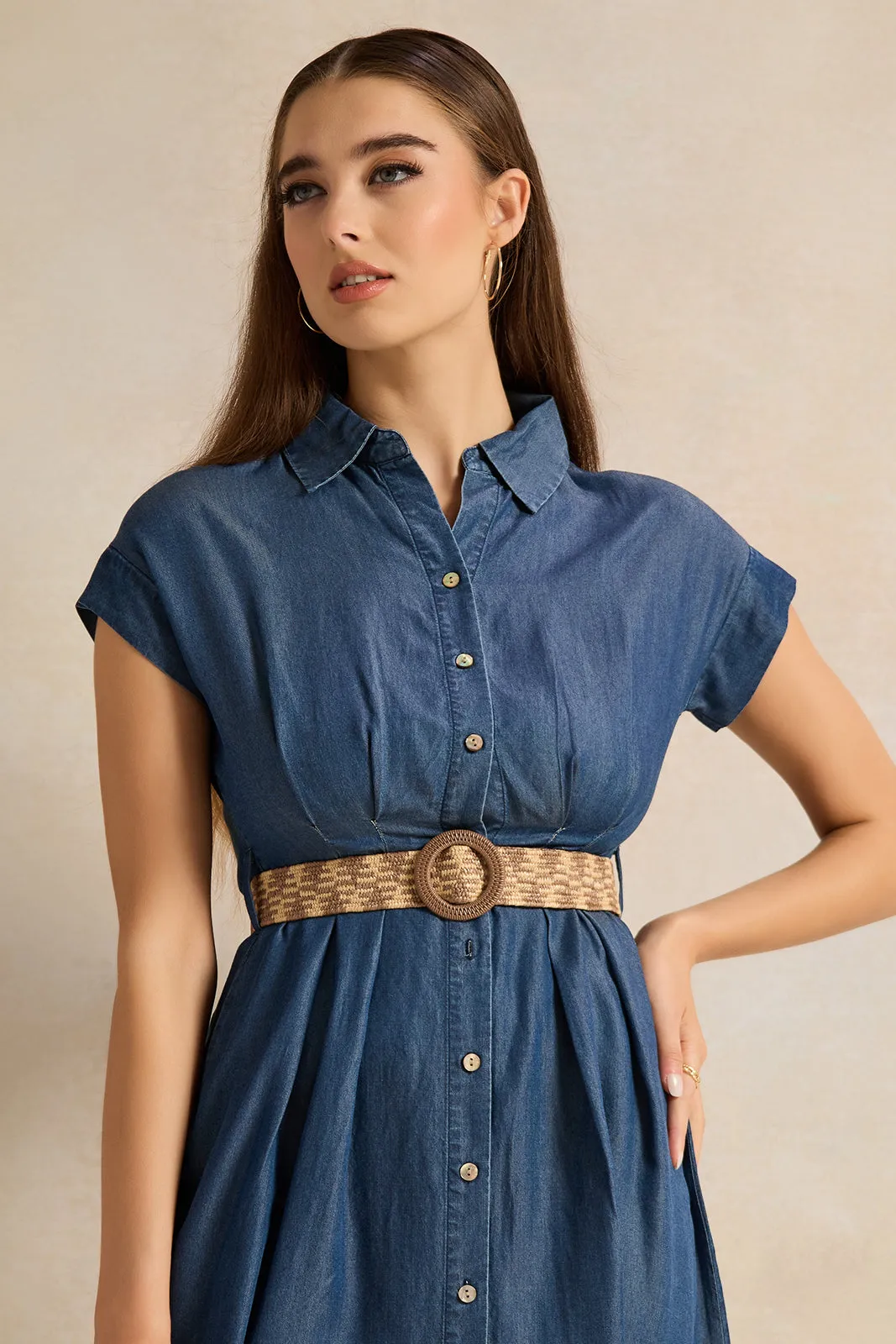 Women Blue Denim Dress With Belt