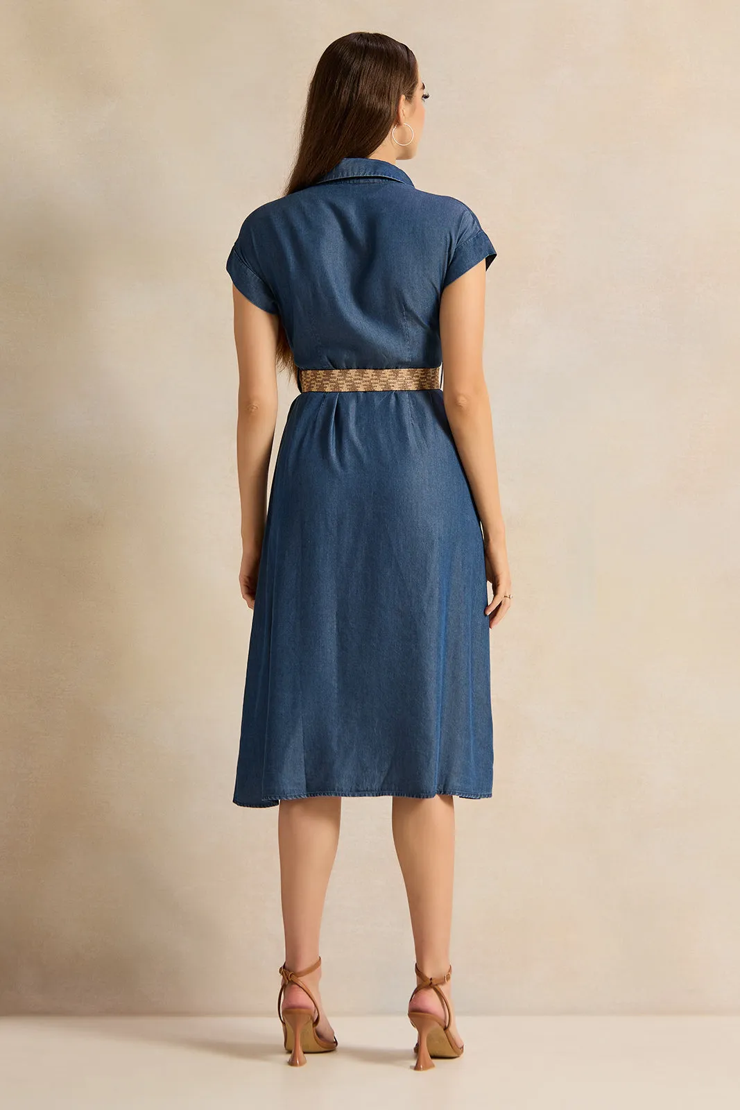 Women Blue Denim Dress With Belt