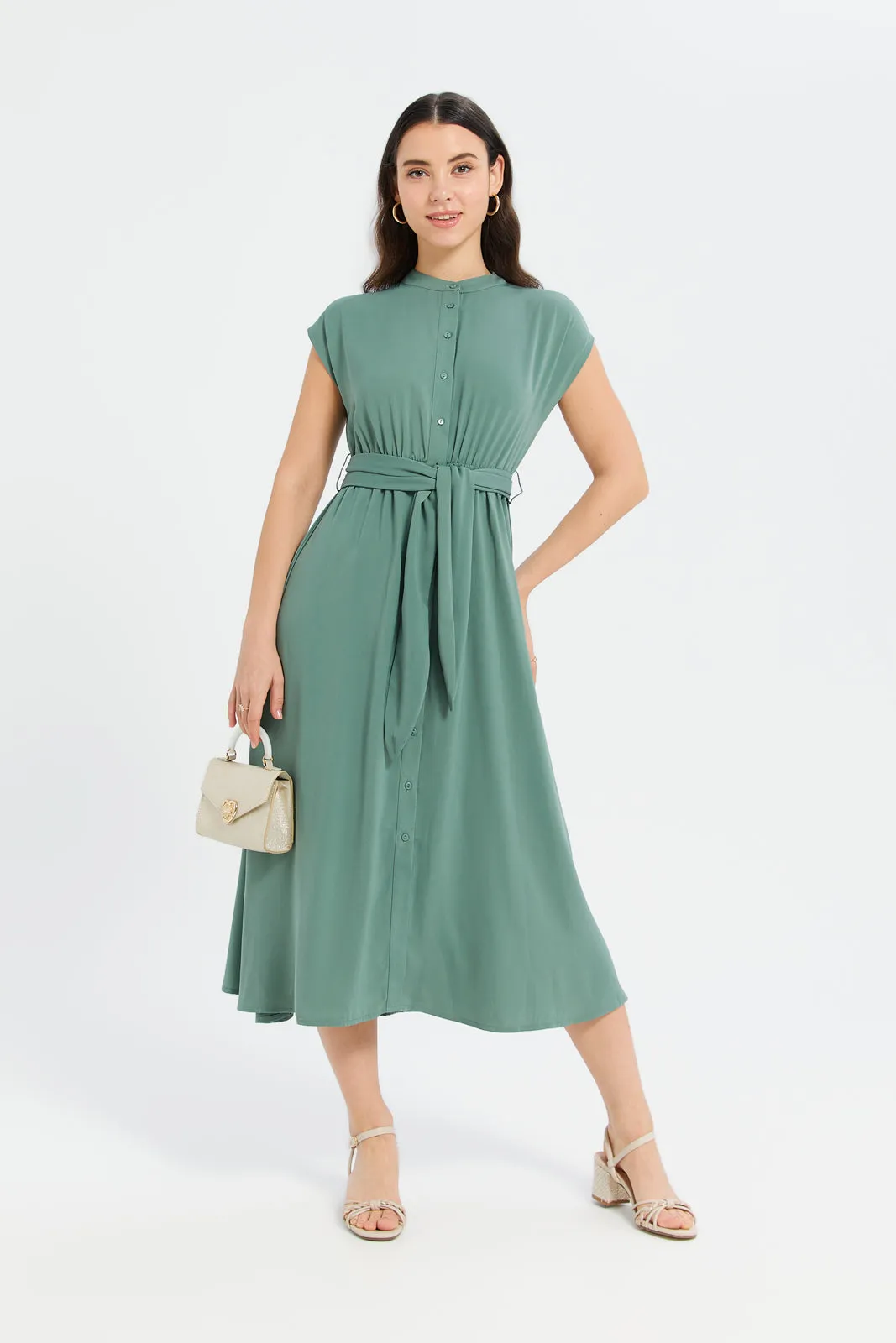 Women Green Hammered Texture Belted Dress