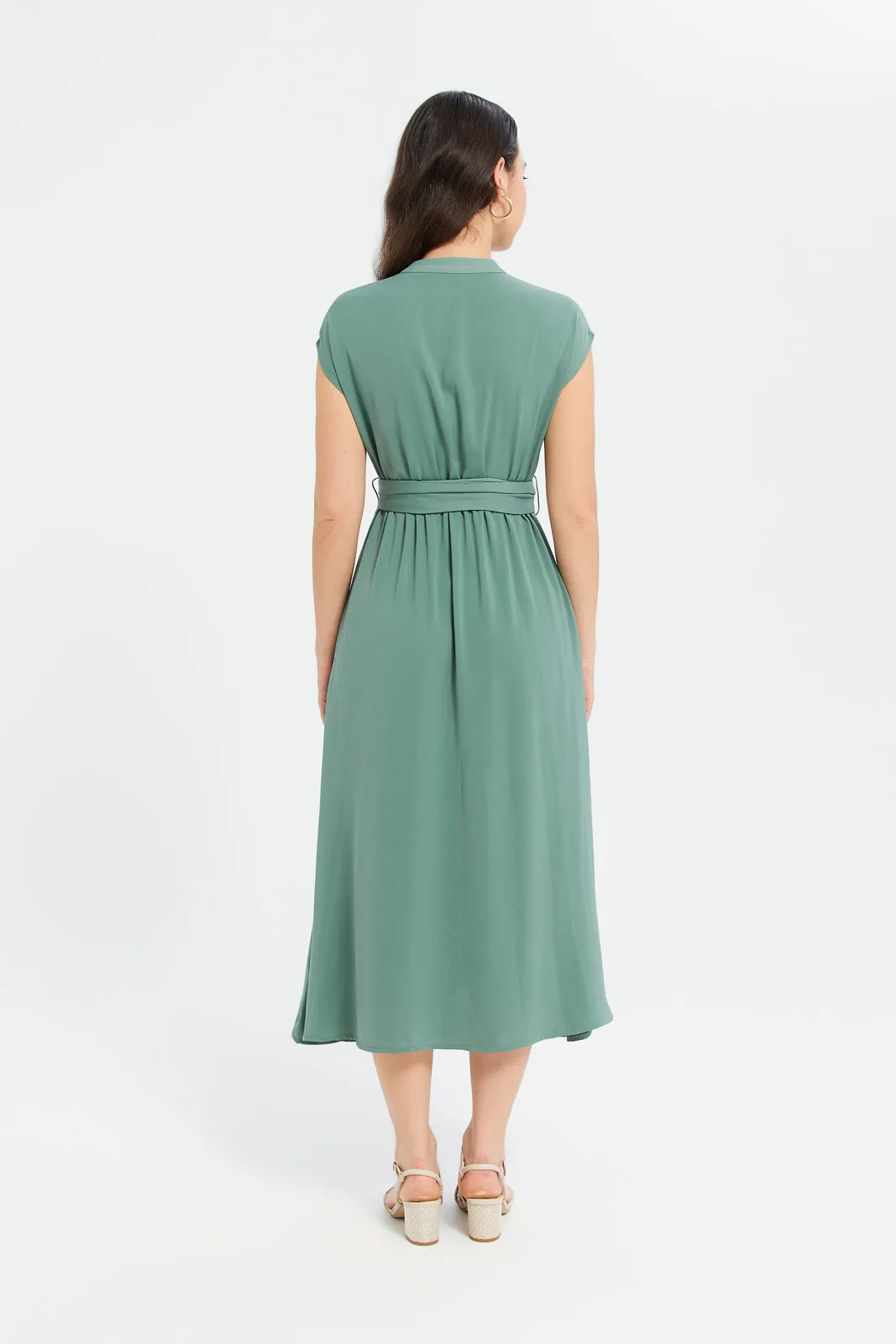 Women Green Hammered Texture Belted Dress