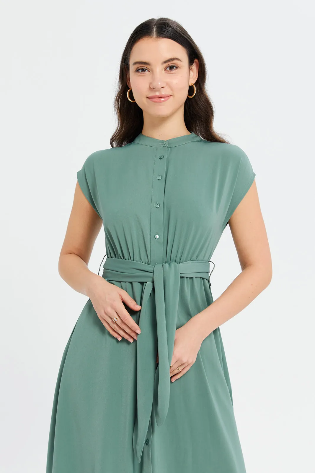 Women Green Hammered Texture Belted Dress