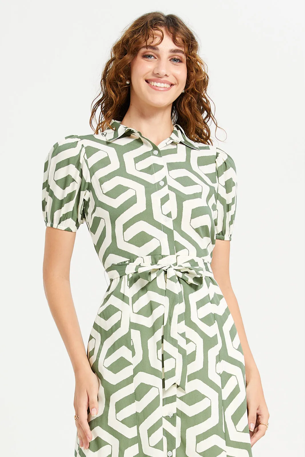 Women Olive And Ivory Printed Shirt Dress