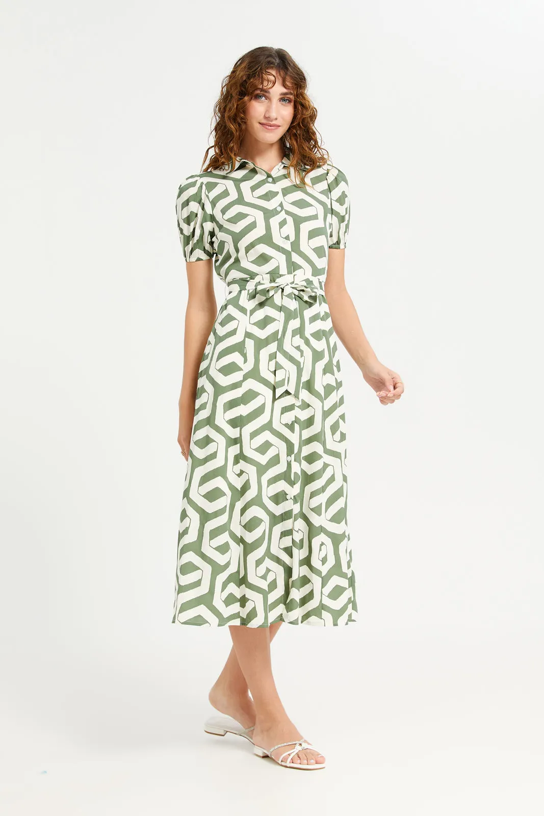 Women Olive And Ivory Printed Shirt Dress