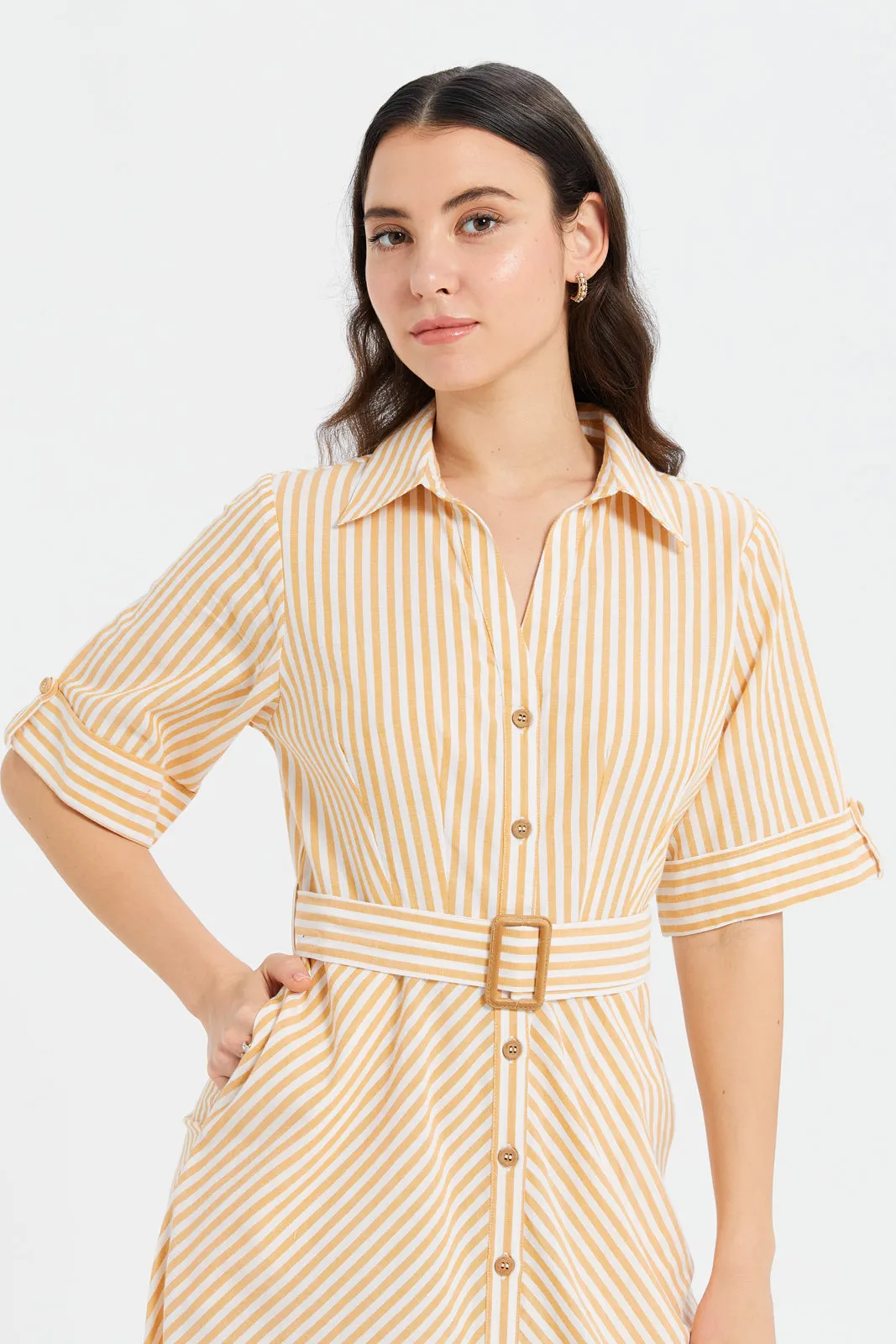 Women Yellow Striped Short Sleeve Shirt Dress