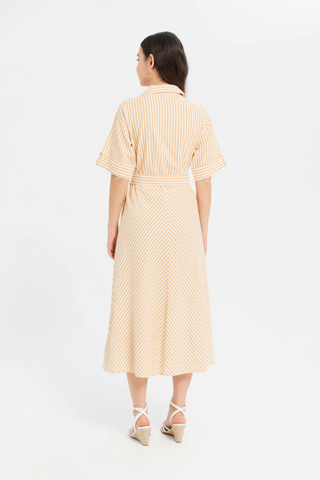 Women Yellow Striped Short Sleeve Shirt Dress