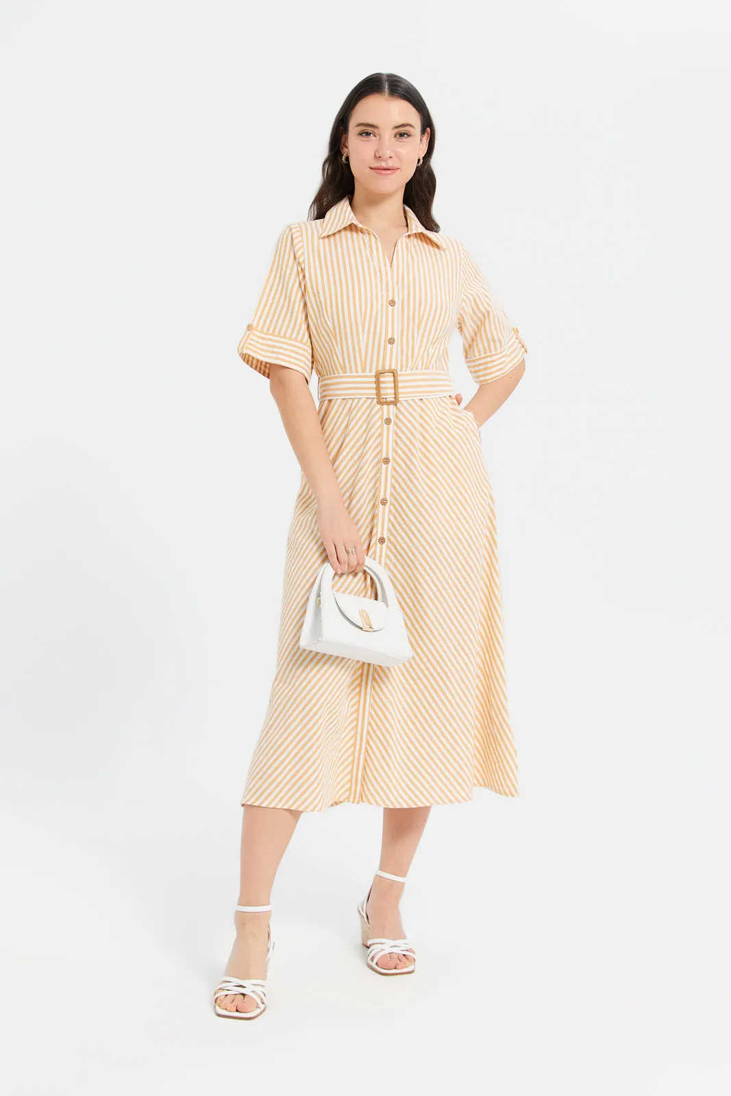 Women Yellow Striped Short Sleeve Shirt Dress