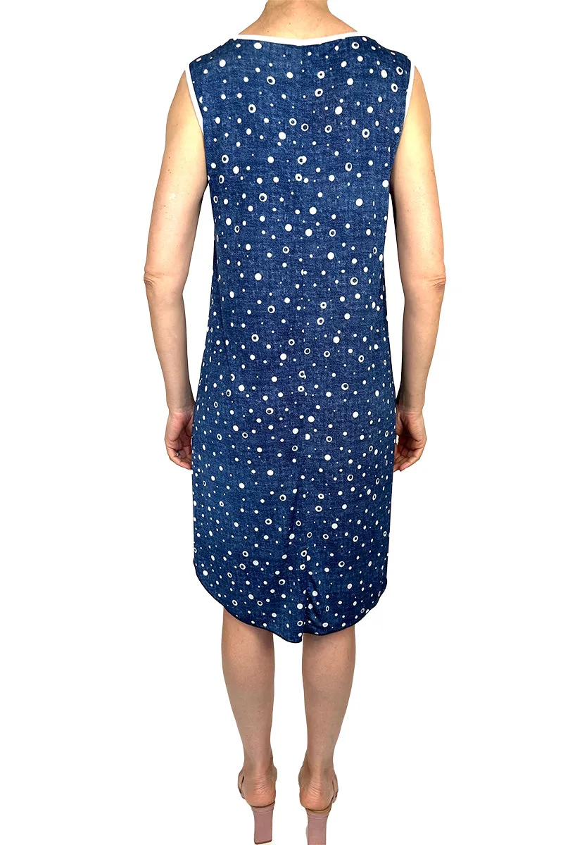 Women's Dresses For Travel denim Blue Quality Stretch Non Crease fabric Flattering Design Easy Care Quality Made in canada Yvonne Marie Boutiques